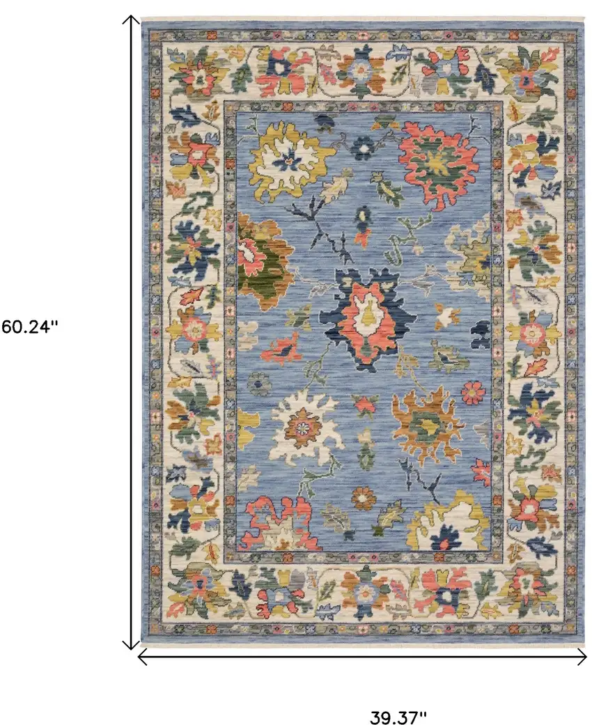 Blue Yellow And Ivory Oriental Area Rug With Fringe Photo 3