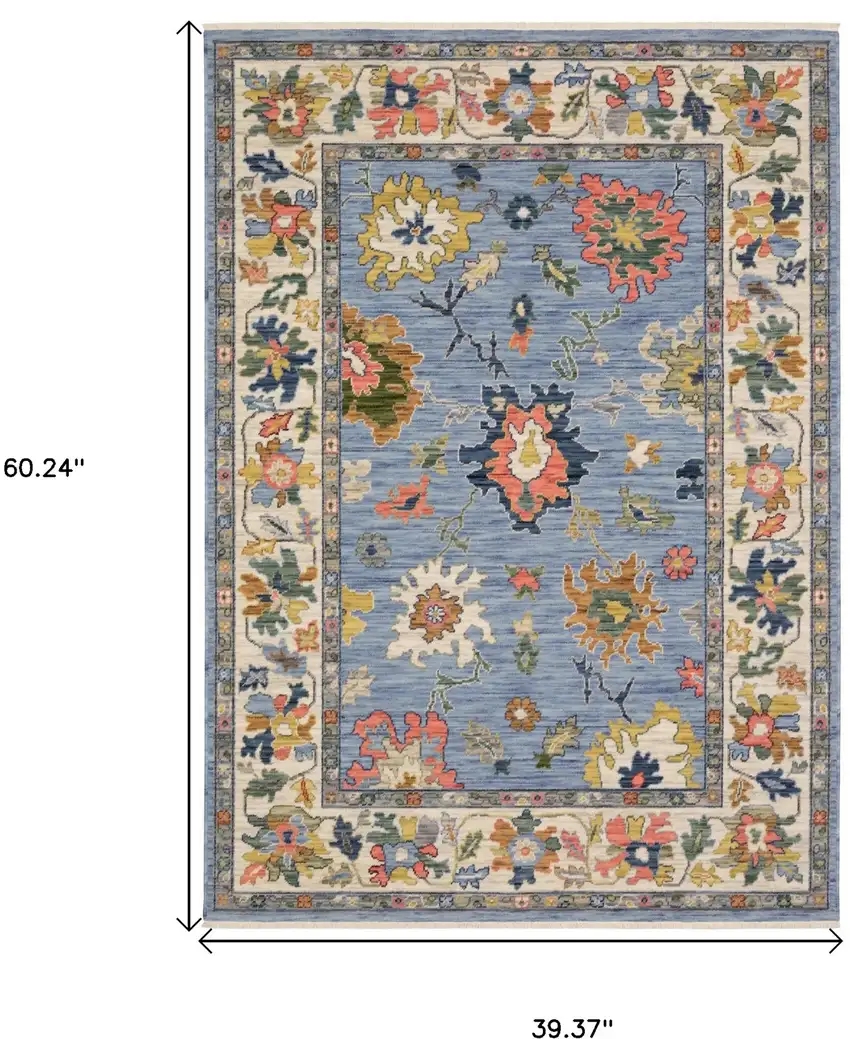 Blue Yellow And Ivory Oriental Area Rug With Fringe Photo 3