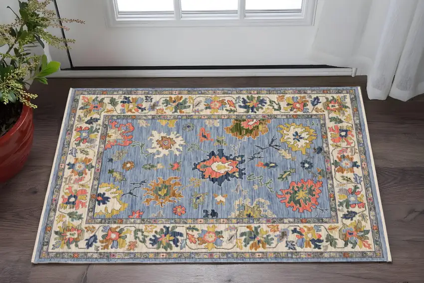 Blue Yellow And Ivory Oriental Area Rug With Fringe Photo 1