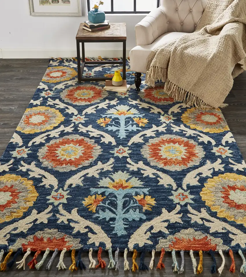 Blue Yellow And Orange Wool Paisley Tufted Handmade Area Rug With Fringe Photo 9