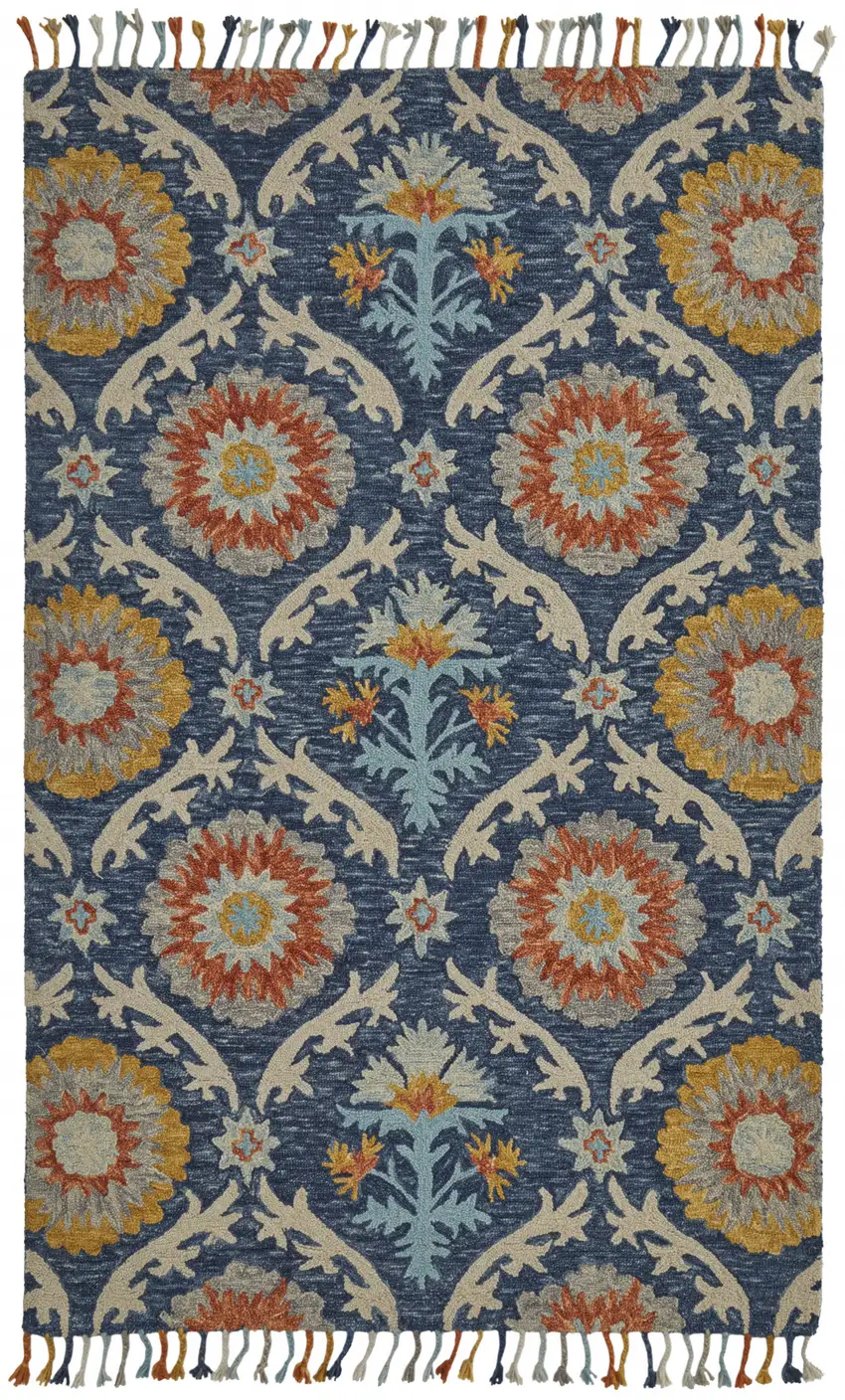 Blue Yellow And Orange Wool Paisley Tufted Handmade Area Rug With Fringe Photo 1