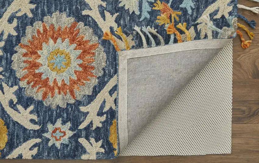 Blue Yellow And Orange Wool Paisley Tufted Handmade Area Rug With Fringe Photo 3
