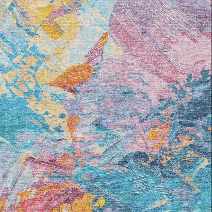 Blue Yellow And Pink Abstract Washable Area Rug With UV Protection Photo 2