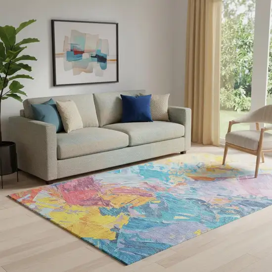 Blue Yellow And Pink Abstract Washable Area Rug With UV Protection Photo 2