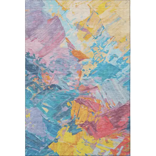 Blue Yellow And Pink Abstract Washable Area Rug With UV Protection Photo 3