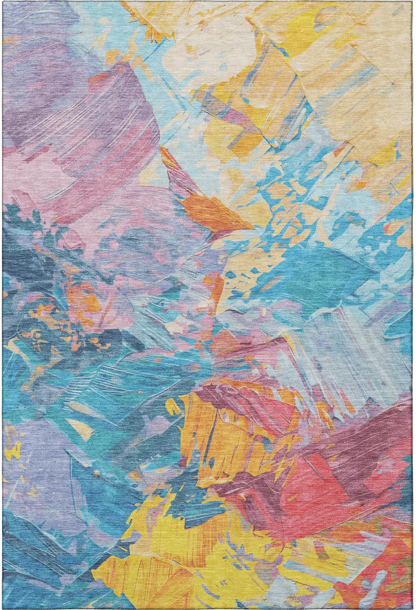 Blue Yellow And Pink Abstract Washable Area Rug With UV Protection Photo 3