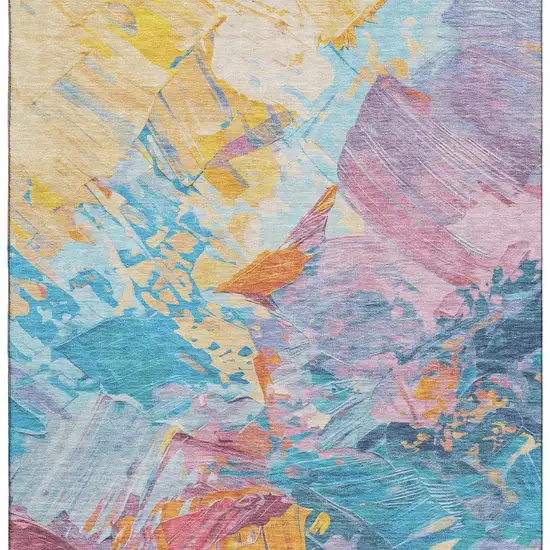 Blue Yellow And Pink Abstract Washable Area Rug With UV Protection Photo 2