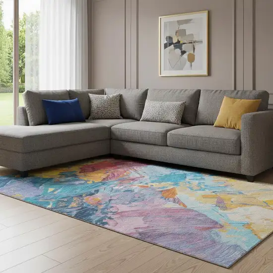 Blue Yellow And Pink Abstract Washable Area Rug With UV Protection Photo 2