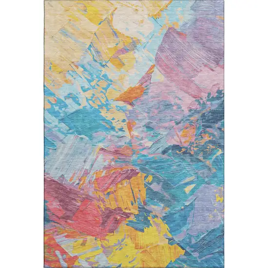 Blue Yellow And Pink Abstract Washable Area Rug With UV Protection Photo 1