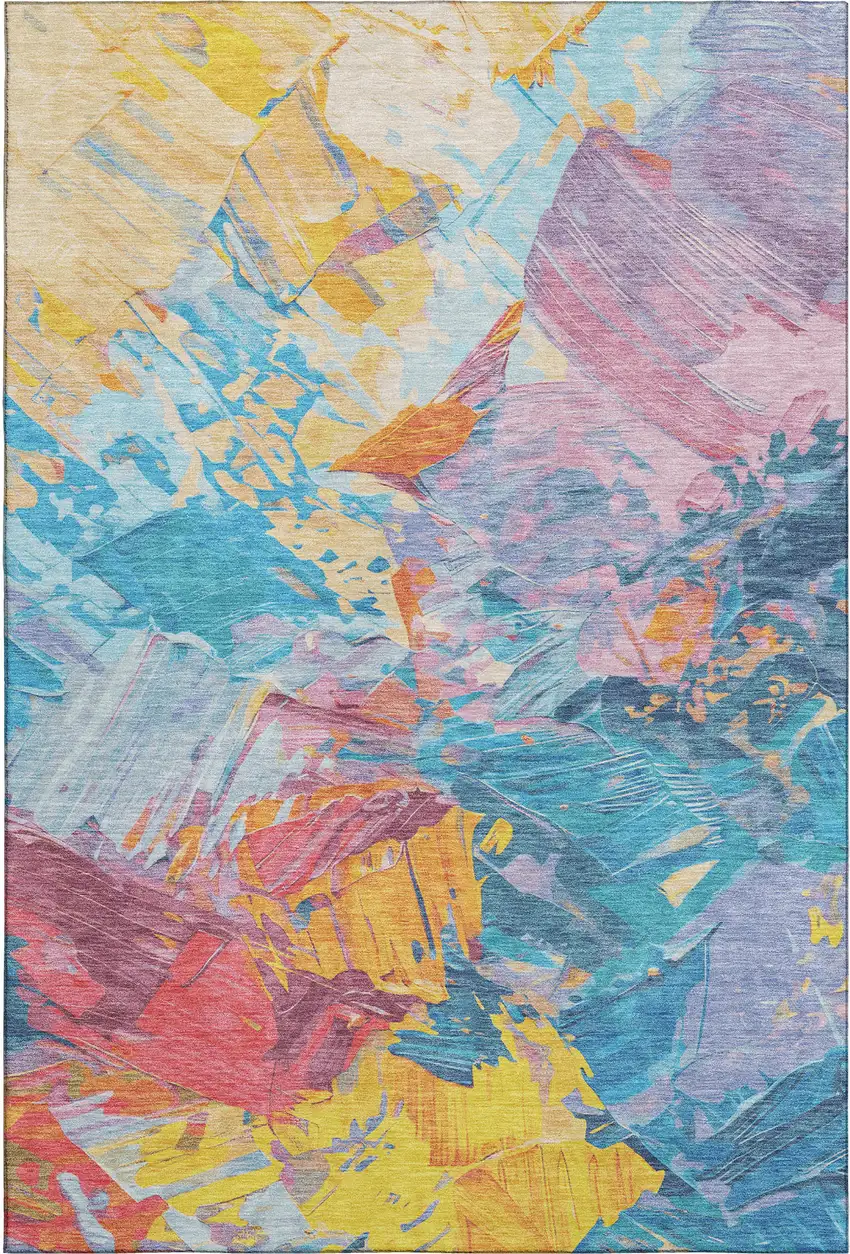 Blue Yellow And Pink Abstract Washable Area Rug With UV Protection Photo 1