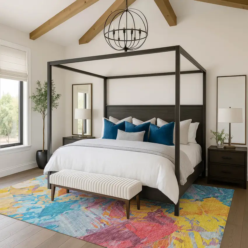 Blue Yellow And Pink Abstract Washable Area Rug With UV Protection Photo 4