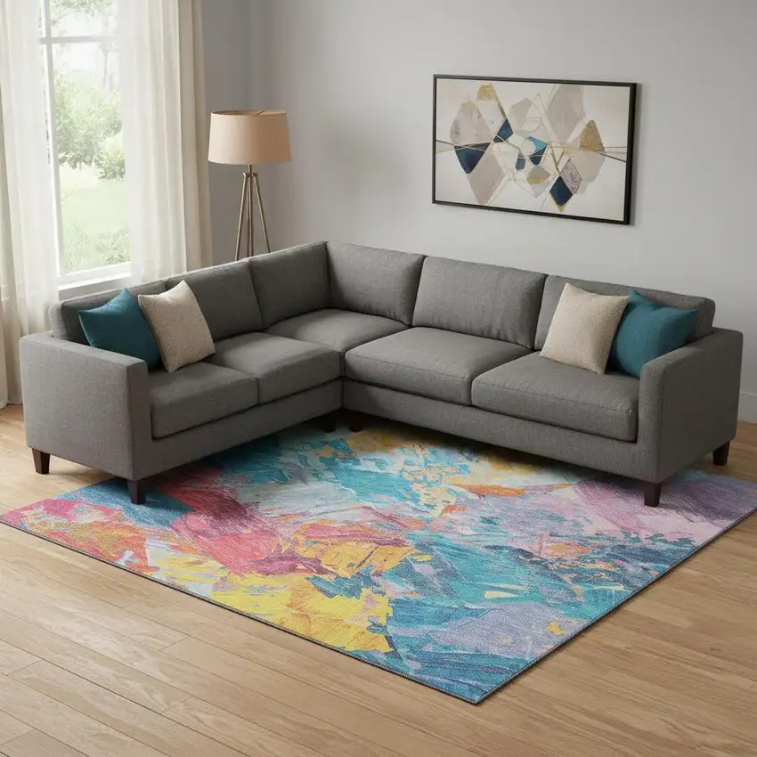 Blue Yellow And Pink Abstract Washable Area Rug With UV Protection Photo 2