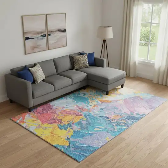 Blue Yellow And Pink Abstract Washable Area Rug With UV Protection Photo 2