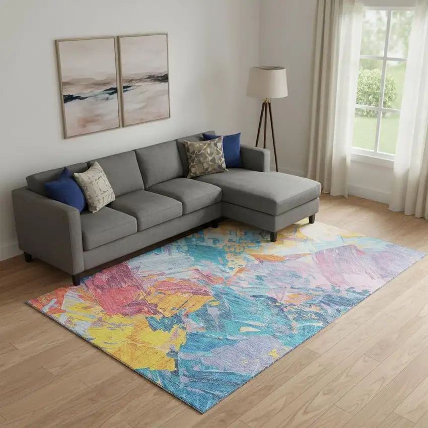 Blue Yellow And Pink Abstract Washable Area Rug With UV Protection Photo 2