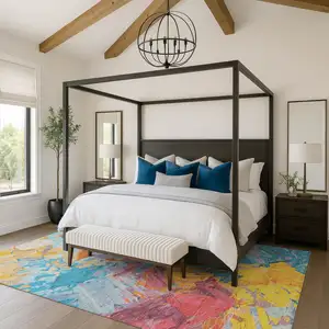 Photo of Blue Yellow And Pink Abstract Washable Area Rug With UV Protection