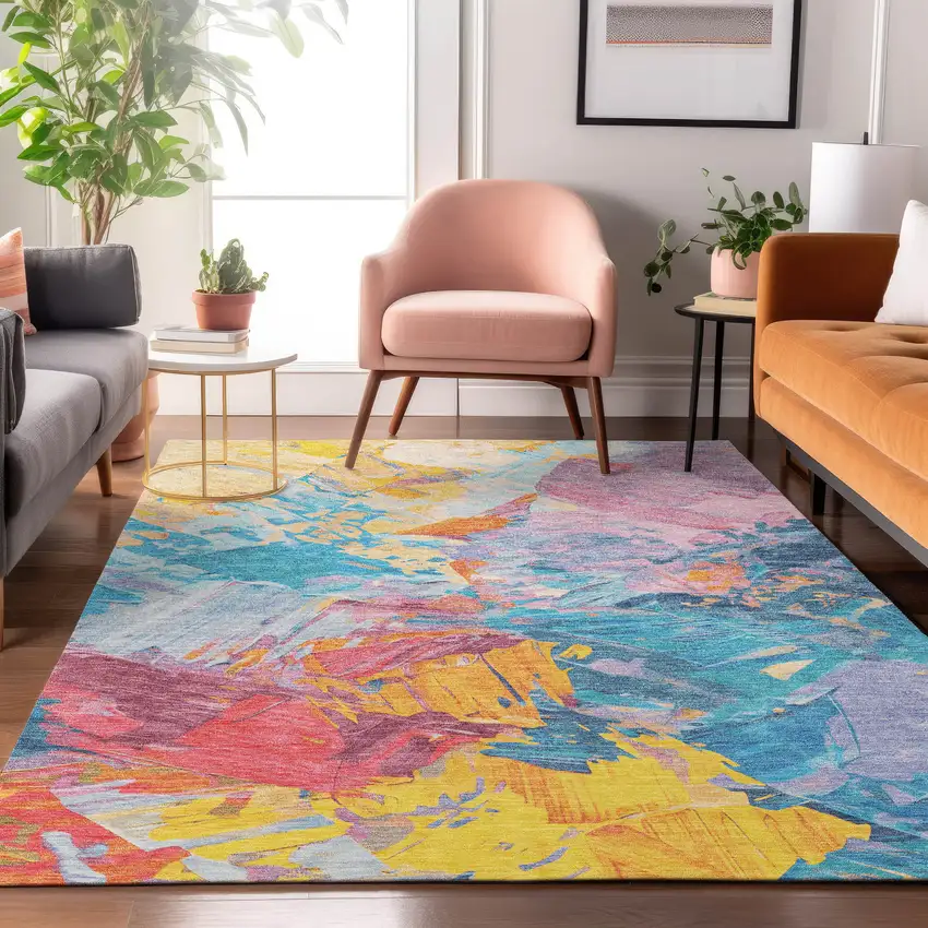 Blue Yellow And Pink Abstract Washable Area Rug With UV Protection Photo 5