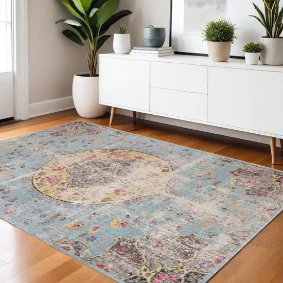 Blue Yellow And Pink Medallion Area Rug Photo 1