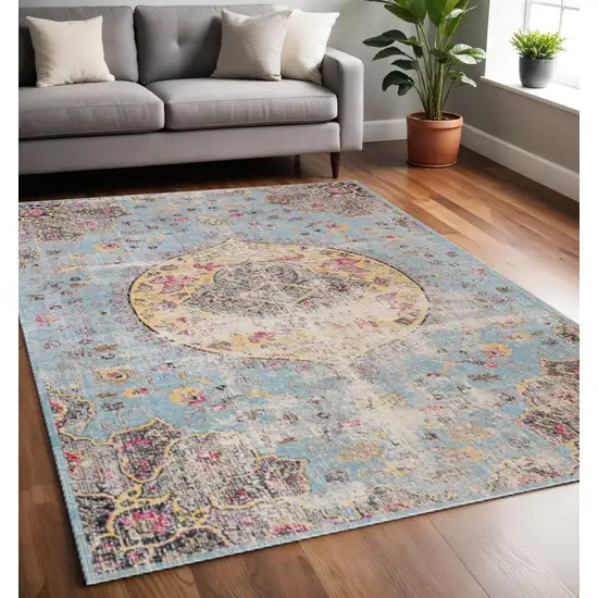 Blue Yellow And Pink Medallion Area Rug Photo 1