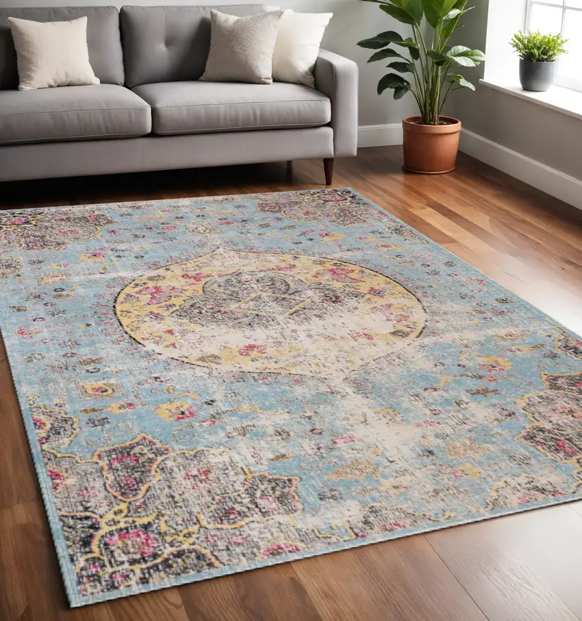 Blue Yellow And Pink Medallion Area Rug Photo 1