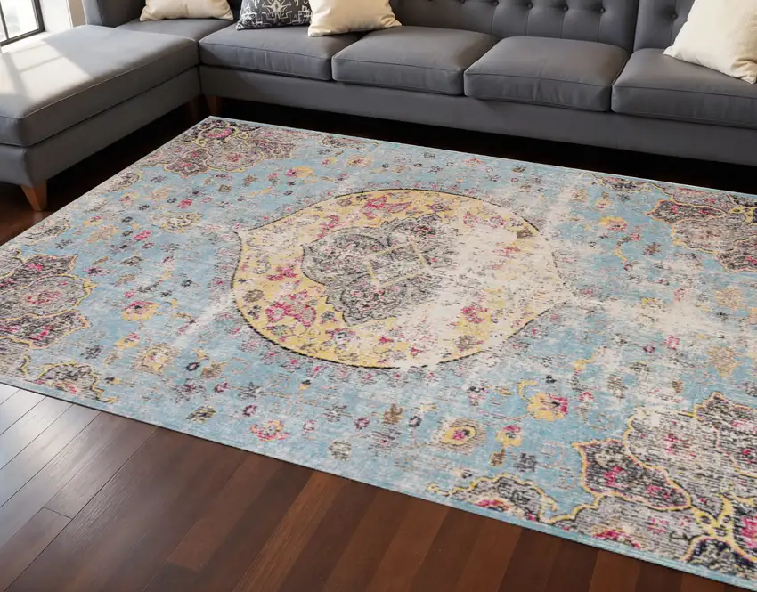 Blue Yellow And Pink Medallion Area Rug Photo 1