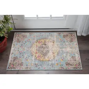 Photo of Blue Yellow And Pink Medallion Area Rug