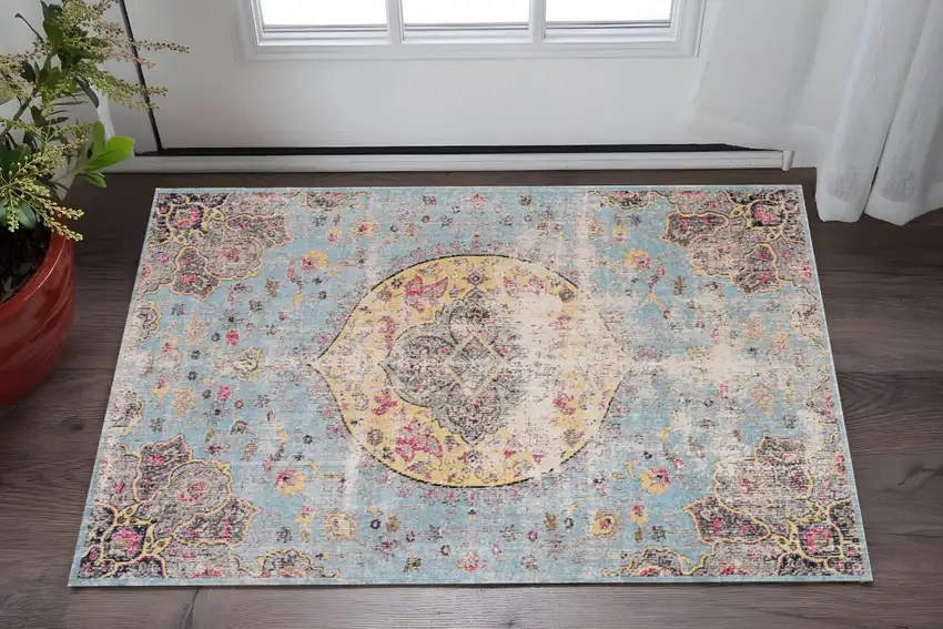 Blue Yellow And Pink Medallion Area Rug Photo 1