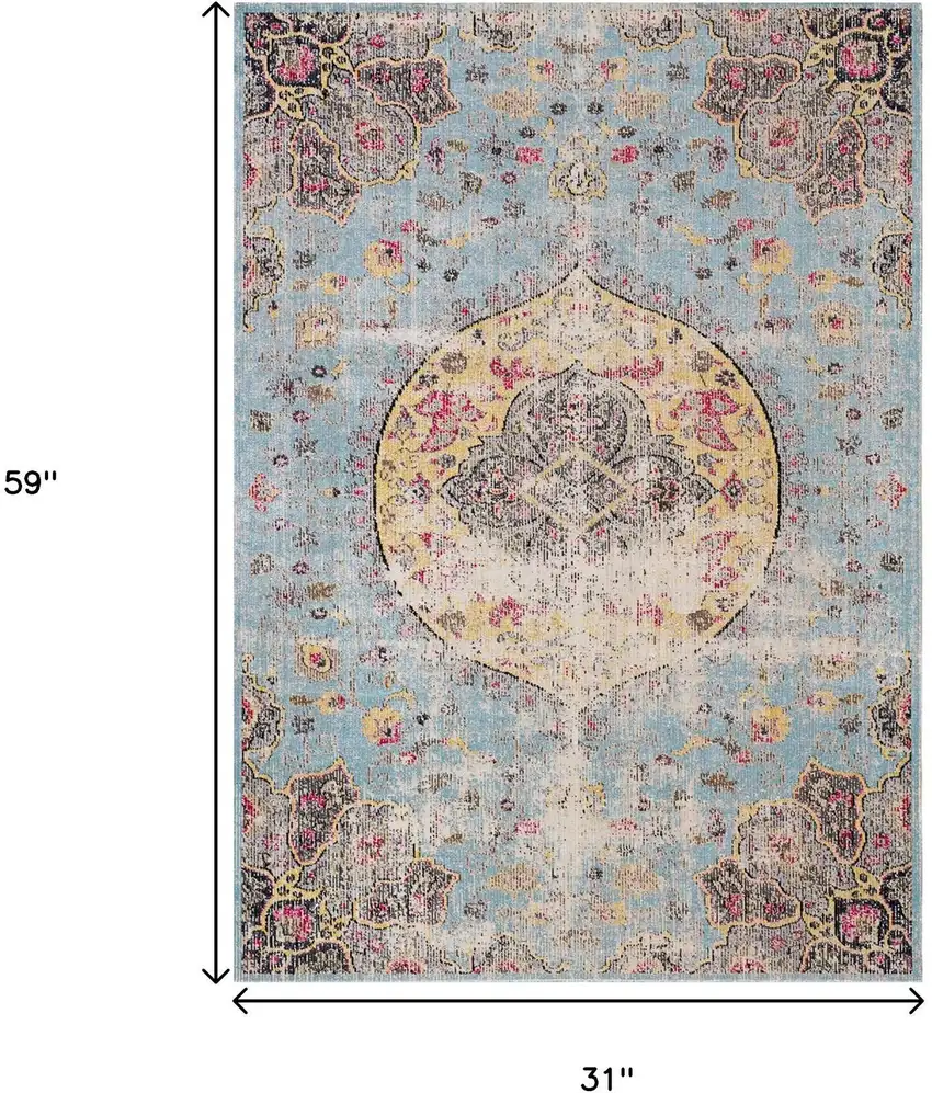 Blue Yellow And Pink Medallion Area Rug Photo 3