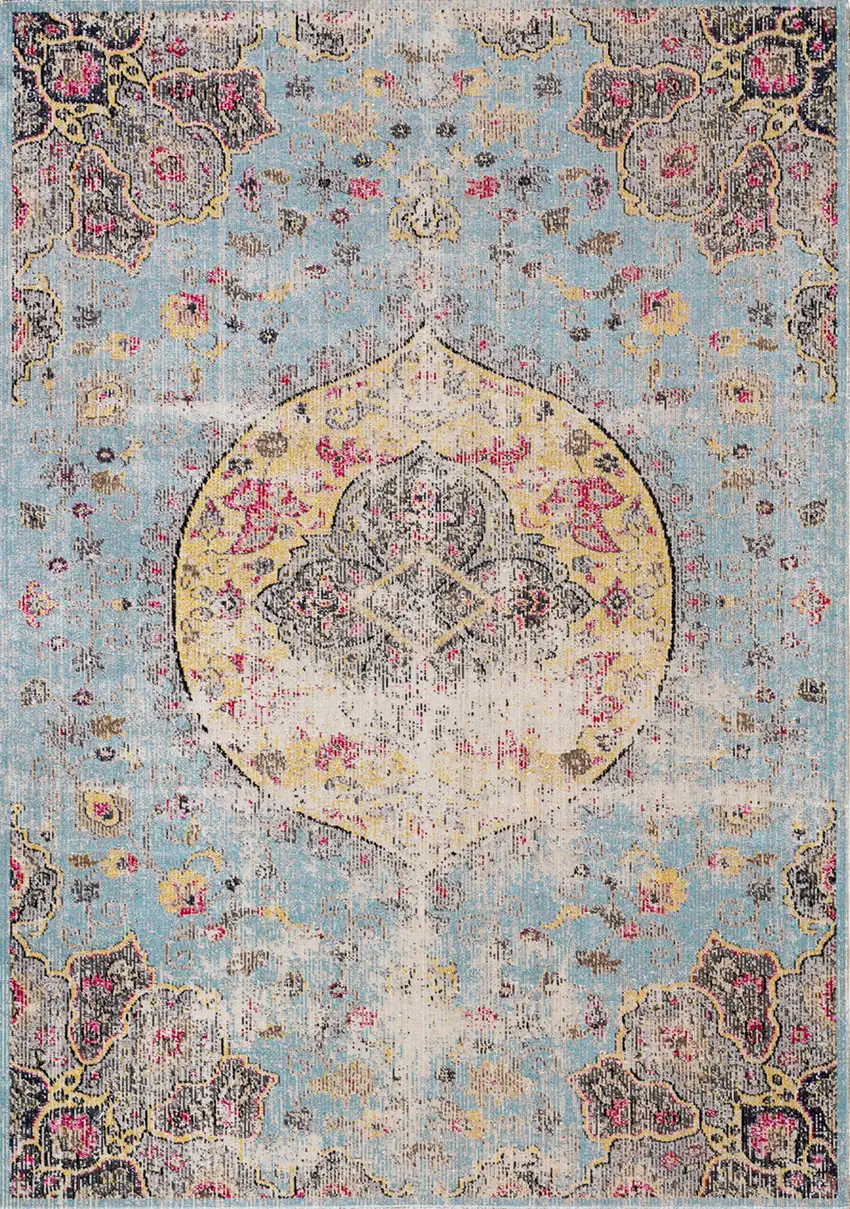 Blue Yellow And Pink Medallion Area Rug Photo 2
