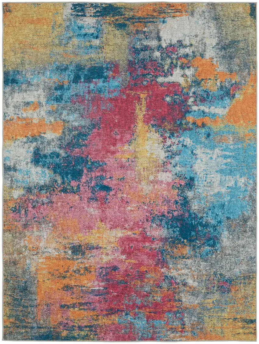 Blue Yellow And Red Abstract Distressed Area Rug Photo 2