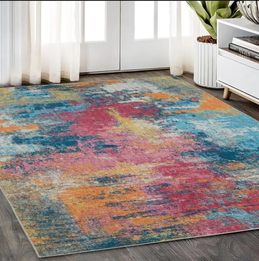 Blue Yellow And Red Abstract Distressed Area Rug Photo 1