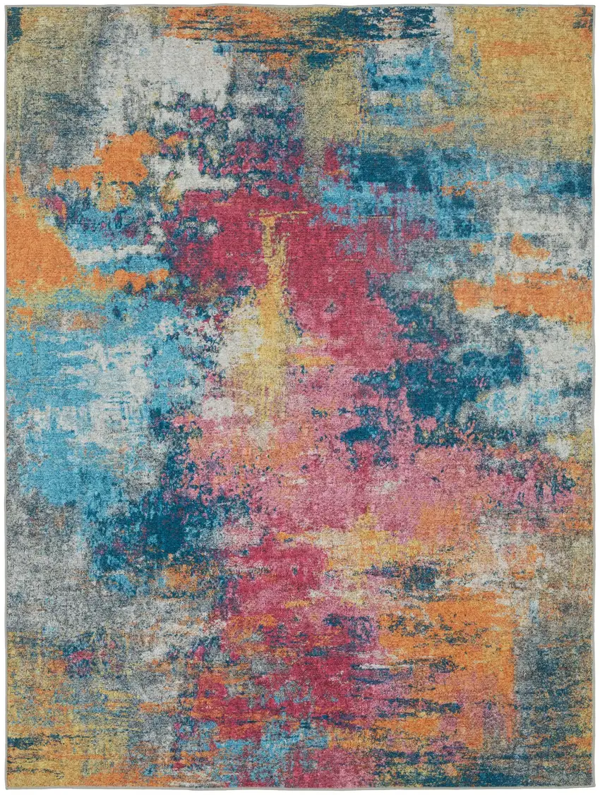 Blue Yellow And Red Abstract Distressed Area Rug Photo 4