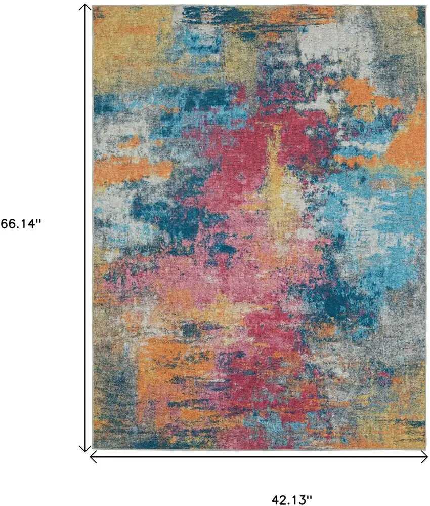 Blue Yellow And Red Abstract Distressed Area Rug Photo 3