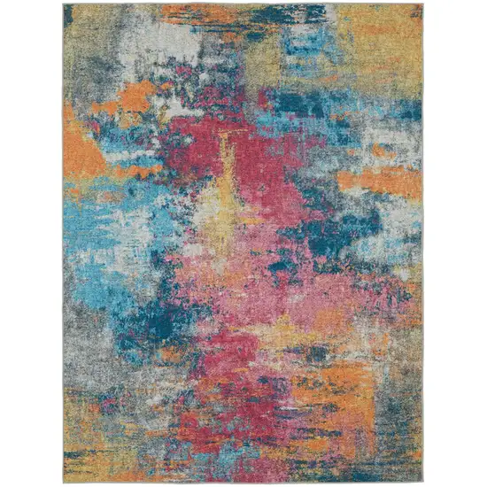 Blue Yellow And Red Abstract Distressed Area Rug Photo 5