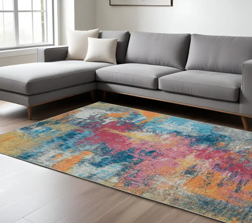 Blue Yellow And Red Abstract Distressed Area Rug Photo 1