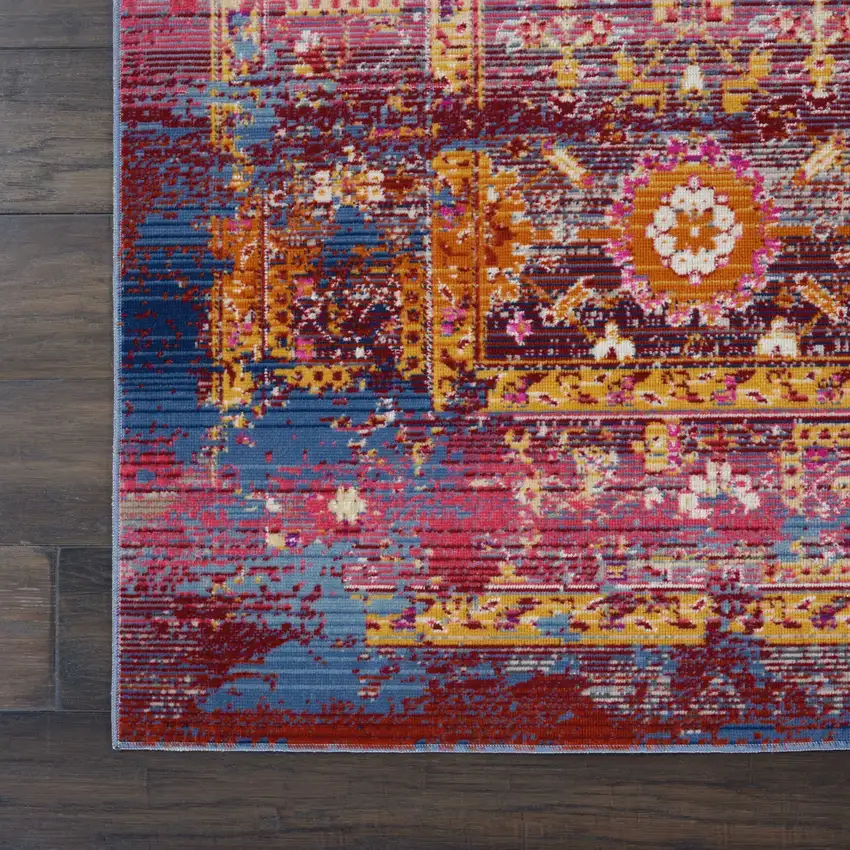 Blue Yellow And Red Floral Distressed Area Rug Photo 9