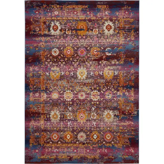 Blue Yellow And Red Floral Distressed Area Rug Photo 1