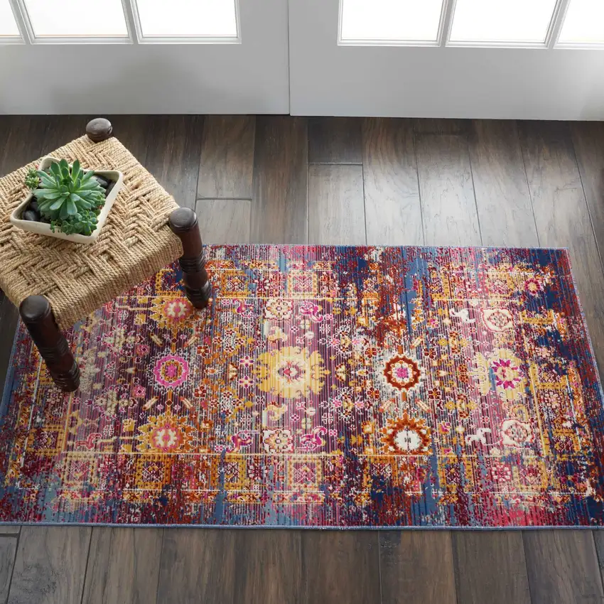 Blue Yellow And Red Floral Distressed Area Rug Photo 3