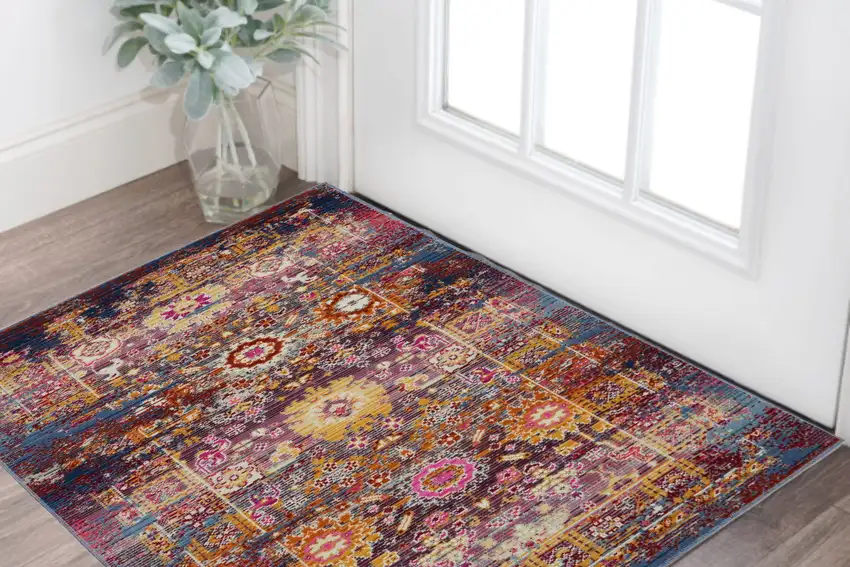 Blue Yellow And Red Floral Distressed Area Rug Photo 1