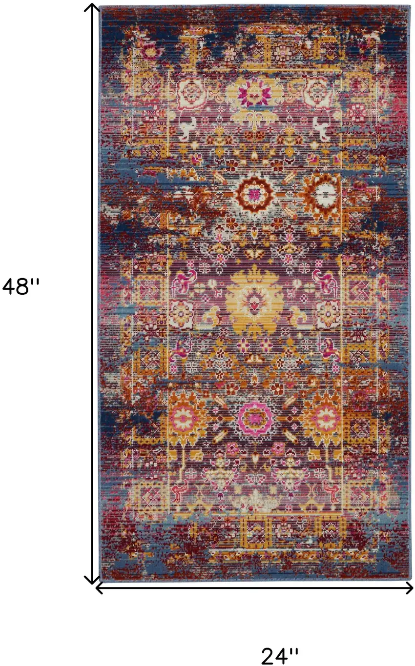 Blue Yellow And Red Floral Distressed Area Rug Photo 3