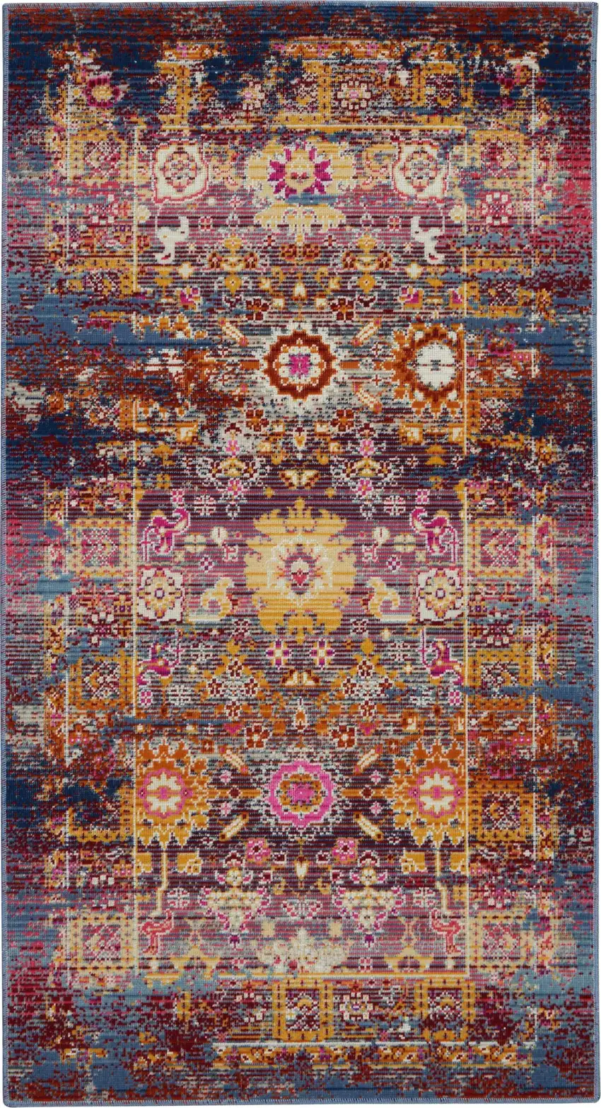 Blue Yellow And Red Floral Distressed Area Rug Photo 1