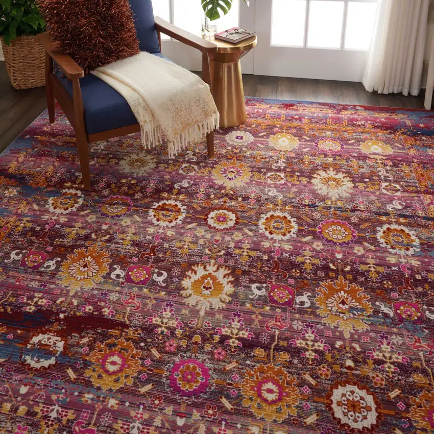 Blue Yellow And Red Floral Distressed Non Skid Area Rug Photo 9