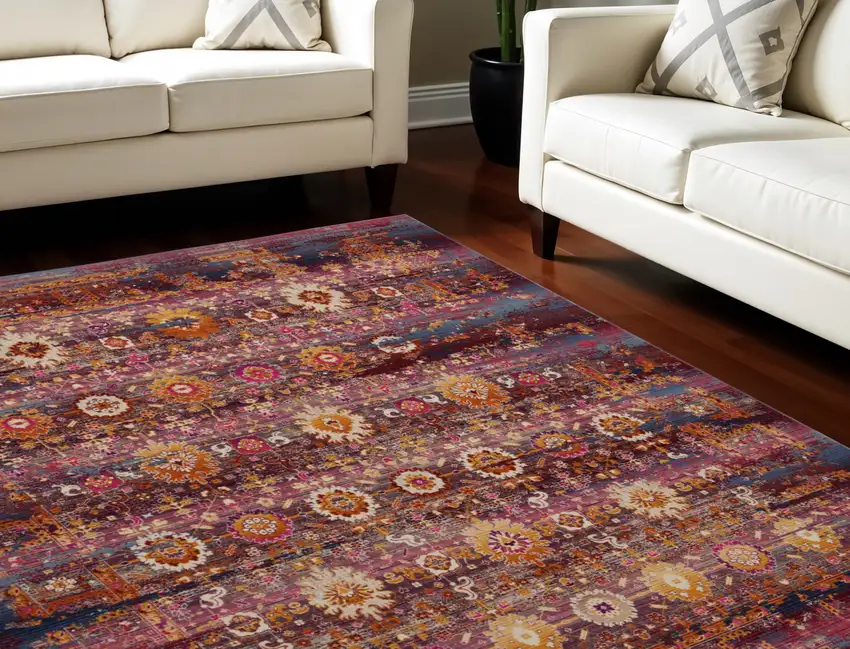 Blue Yellow And Red Floral Distressed Non Skid Area Rug Photo 1