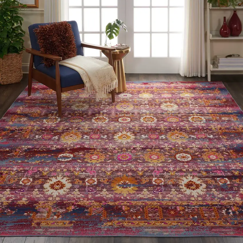 Blue Yellow And Red Floral Distressed Non Skid Area Rug Photo 5