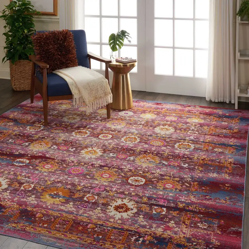 Blue Yellow And Red Floral Distressed Non Skid Area Rug Photo 6