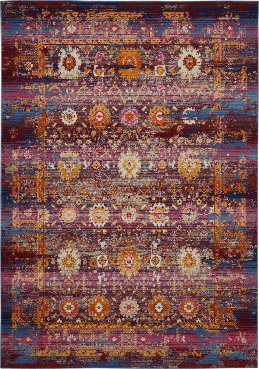 Blue Yellow And Red Floral Distressed Non Skid Area Rug Photo 1