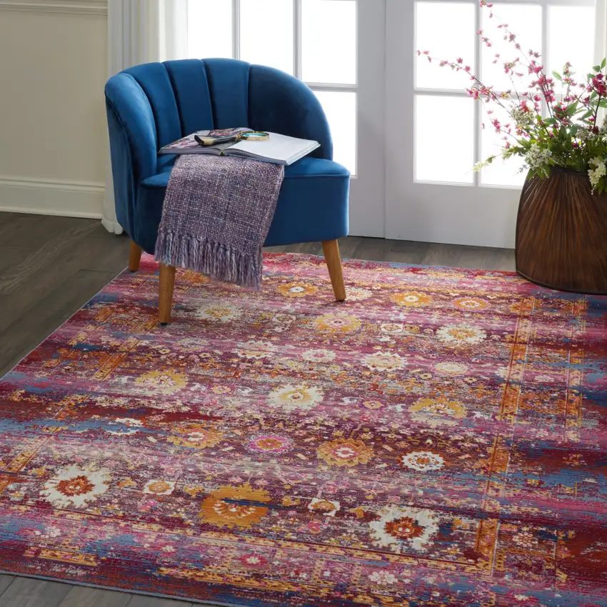 Blue Yellow And Red Floral Distressed Non Skid Area Rug Photo 8
