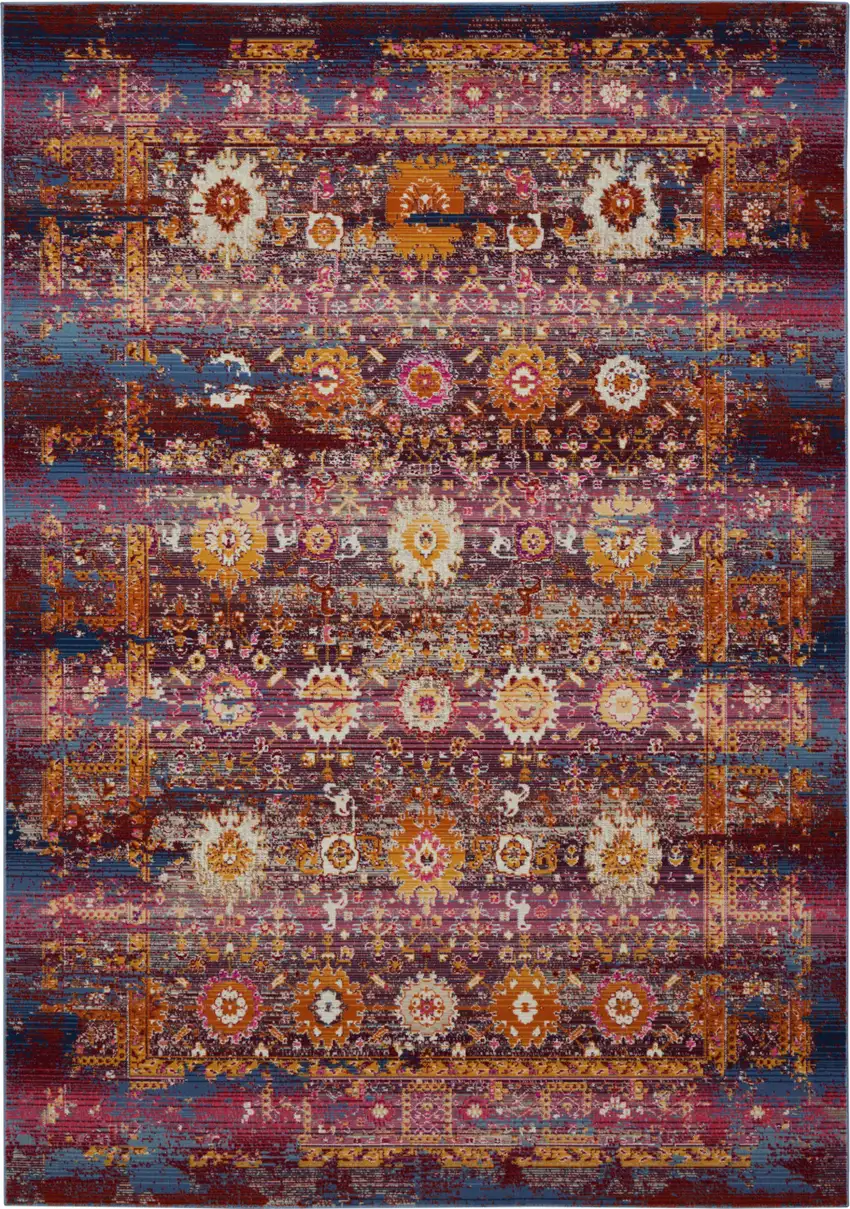 Blue Yellow And Red Floral Distressed Non Skid Area Rug Photo 9