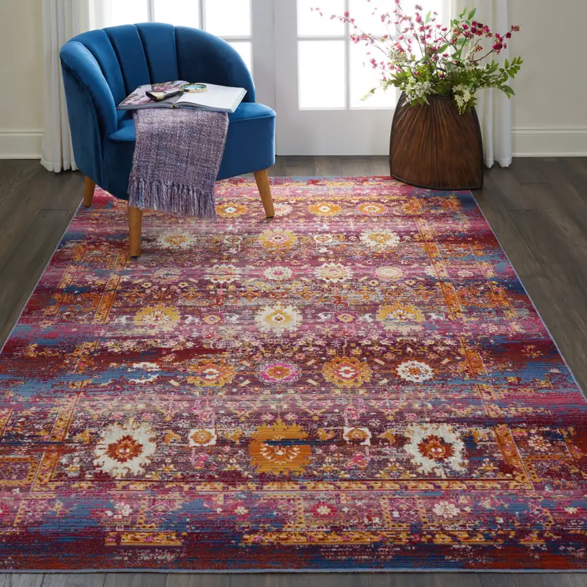 Blue Yellow And Red Floral Distressed Non Skid Area Rug Photo 6