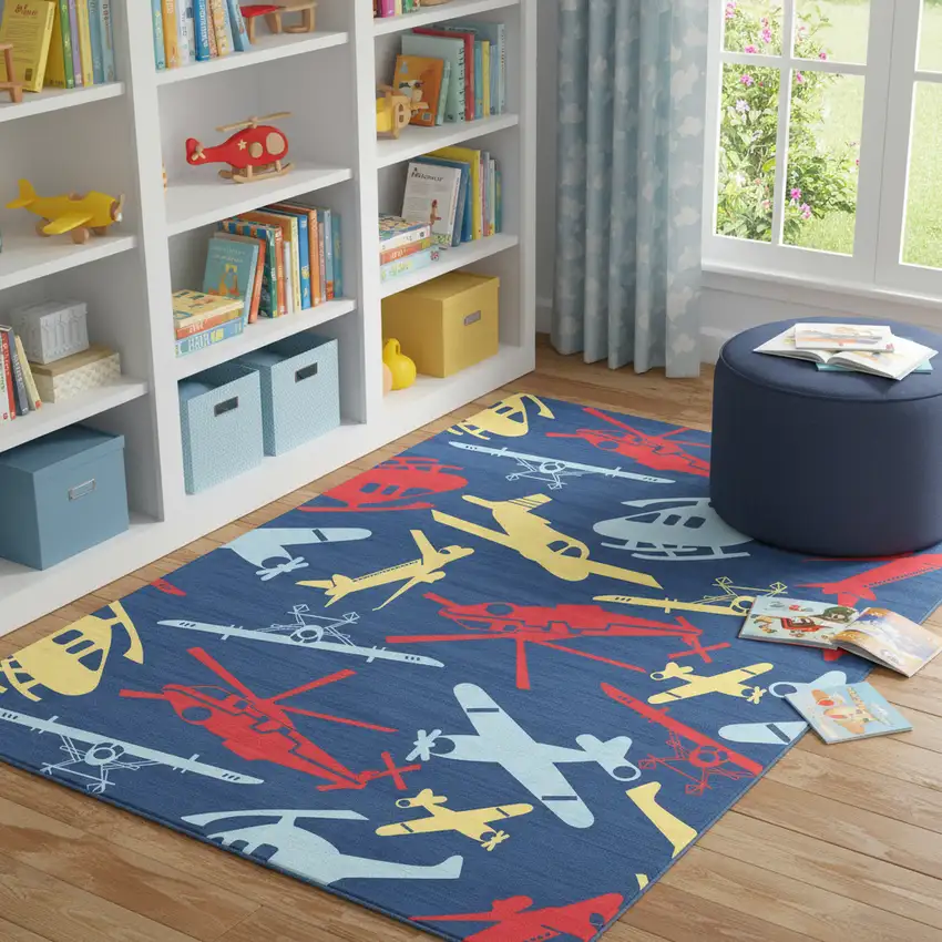 Blue Yellow And Red Helicopter Youthful Washable Area Rug Photo 1