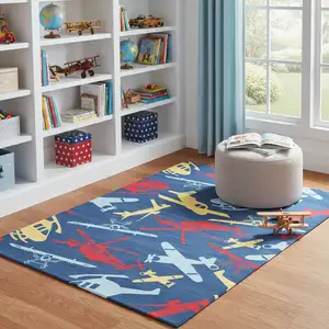Photo of Blue Yellow And Red Helicopter Youthful Washable Round Rug